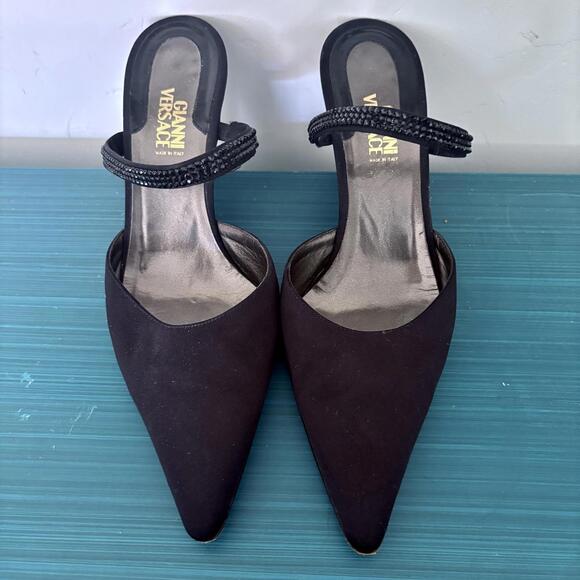 VERSACE Italy Satin Mules Kitten Heel Rhinestone Strap 39 - Picture 1 of 9